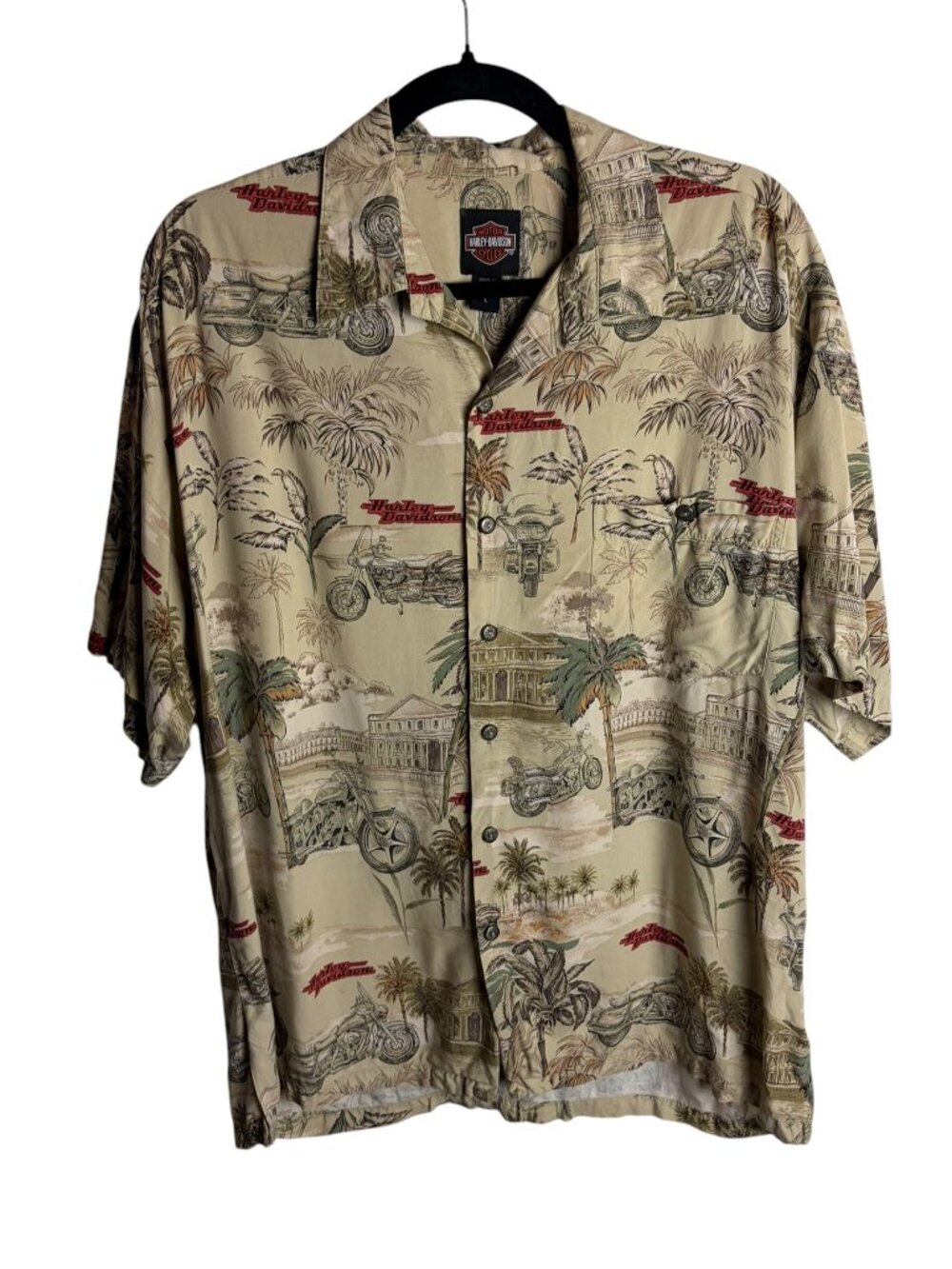 Vintage Harley Davidson Men's Size L Hawaiian Button Down Shirt Tan Biker Vacay